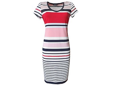 Růžovo modro bílé pruhované šaty - vel.42